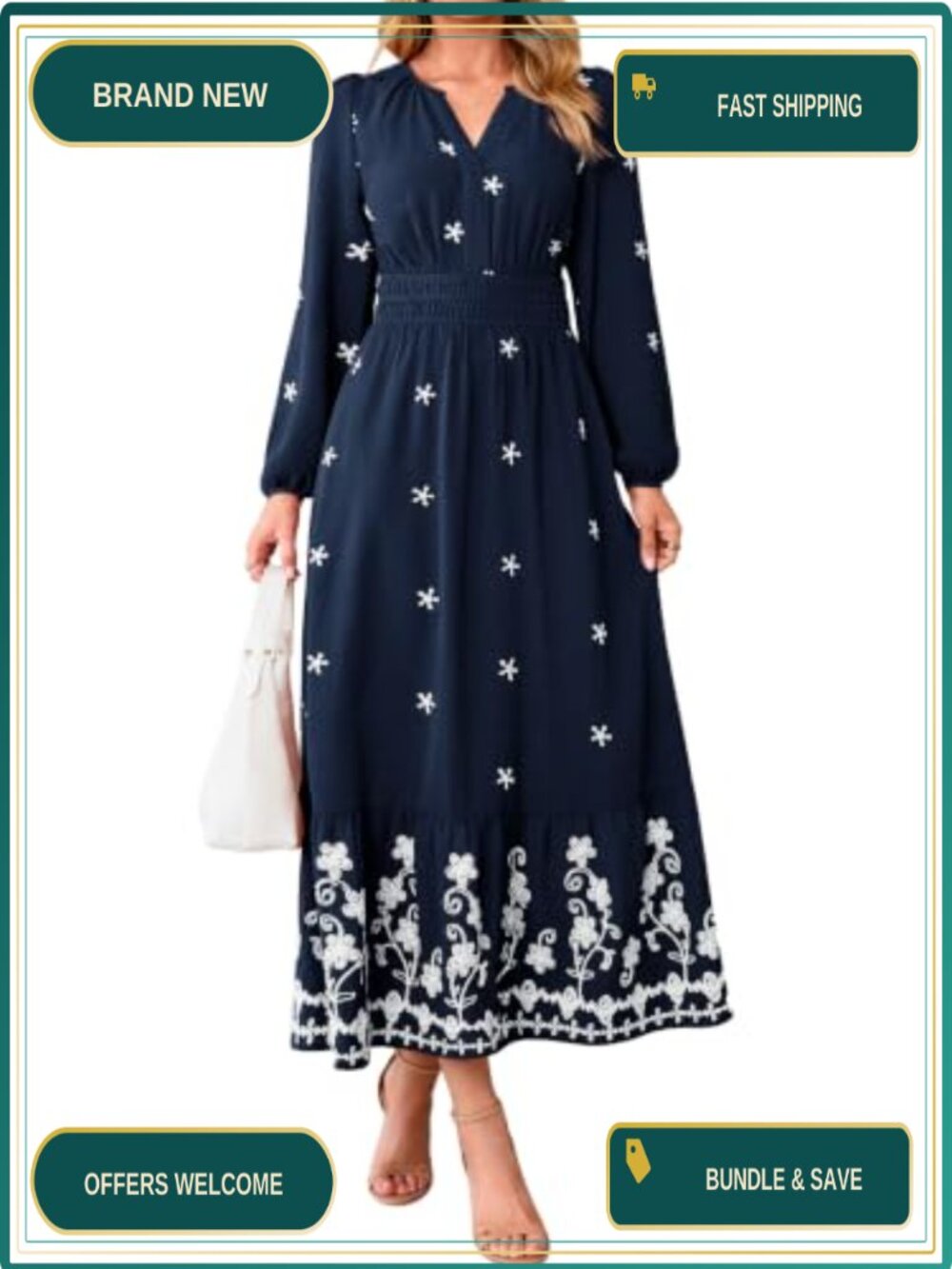Boho Floral Embroidered Maxi Dress Long Sleeve Smocked Waist A-Line